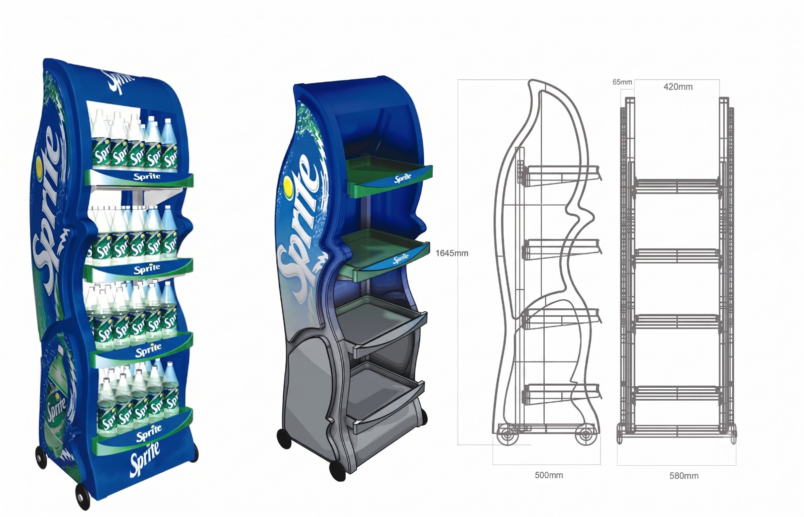 Sprite floor display — 3D render and technical drawing with dimensions